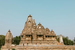 Exterior of ancient temple on blue sky